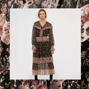 H&M Dark Floral Dress Black Red Tier Maxi Ruffle Long Sleeve Prairie